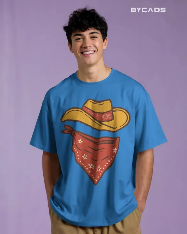 Blue_Cotton_Minimal_Cowboy_Oversized_Unisex_T-Shirt_|_Western_Hat_And_Bandana