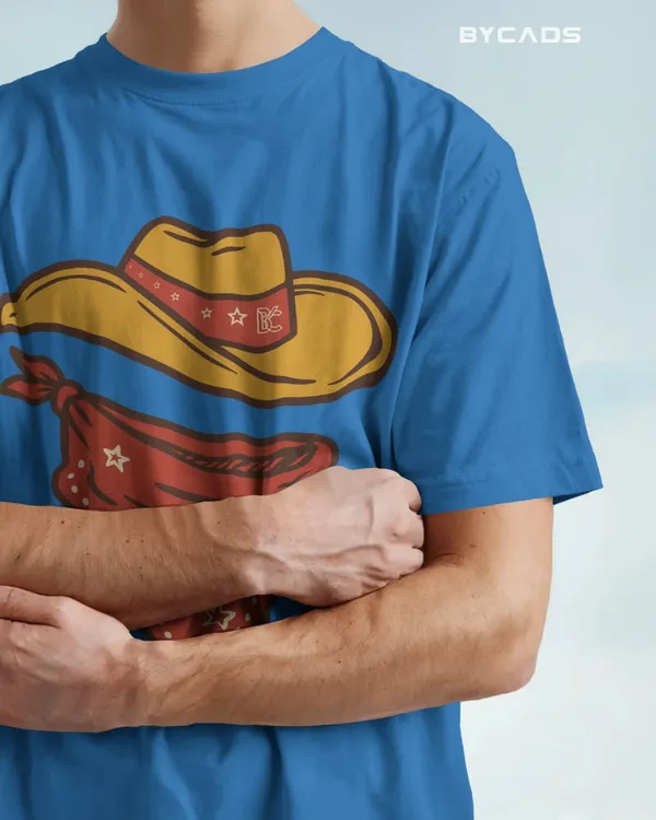 Blue_Cotton_Minimal_Cowboy_Oversized_Unisex_T-Shirt_|_Western_Hat_And_Bandana