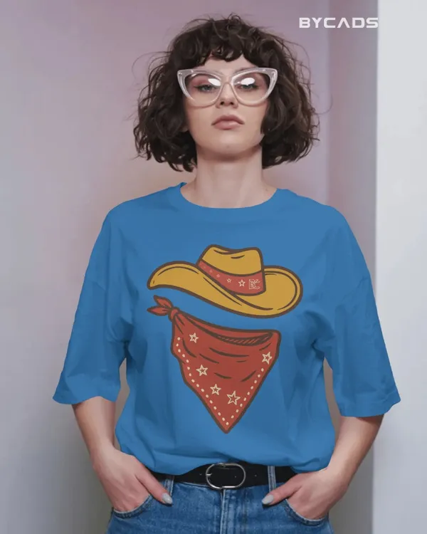 Blue_Cotton_Minimal_Cowboy_Oversized_Unisex_T-Shirt_|_Western_Hat_And_Bandana
