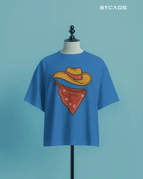 Blue_Cotton_Minimal_Cowboy_Oversized_Unisex_T-Shirt_|_Western_Hat_And_Bandana