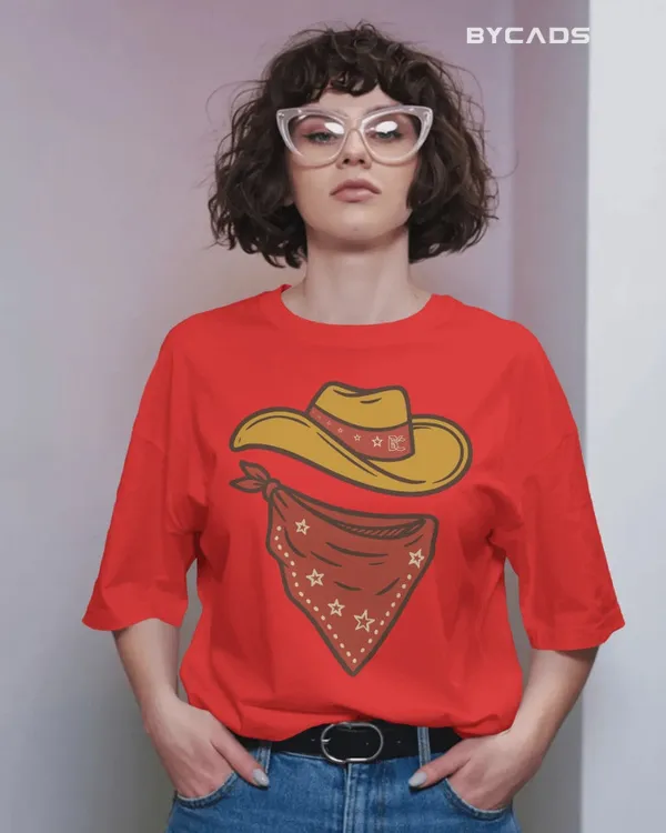 Red_Cotton_Minimal_Cowboy_Oversized_Unisex_T-Shirt_|_Western_Hat_And_Bandana