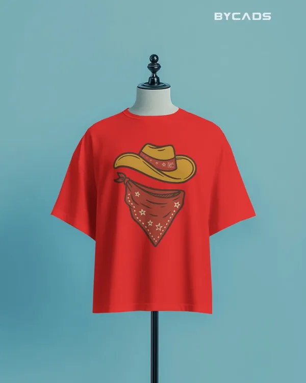 Red_Cotton_Minimal_Cowboy_Oversized_Unisex_T-Shirt_|_Western_Hat_And_Bandana
