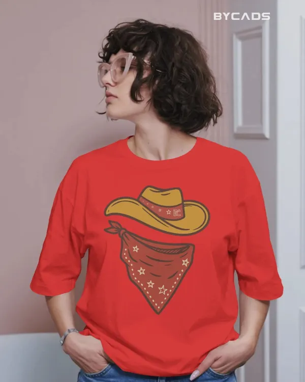 Red_Cotton_Minimal_Cowboy_Oversized_Unisex_T-Shirt_|_Western_Hat_And_Bandana