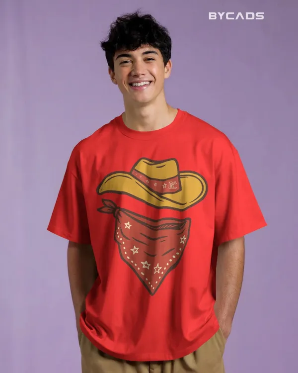 Red_Cotton_Minimal_Cowboy_Oversized_Unisex_T-Shirt_|_Western_Hat_And_Bandana
