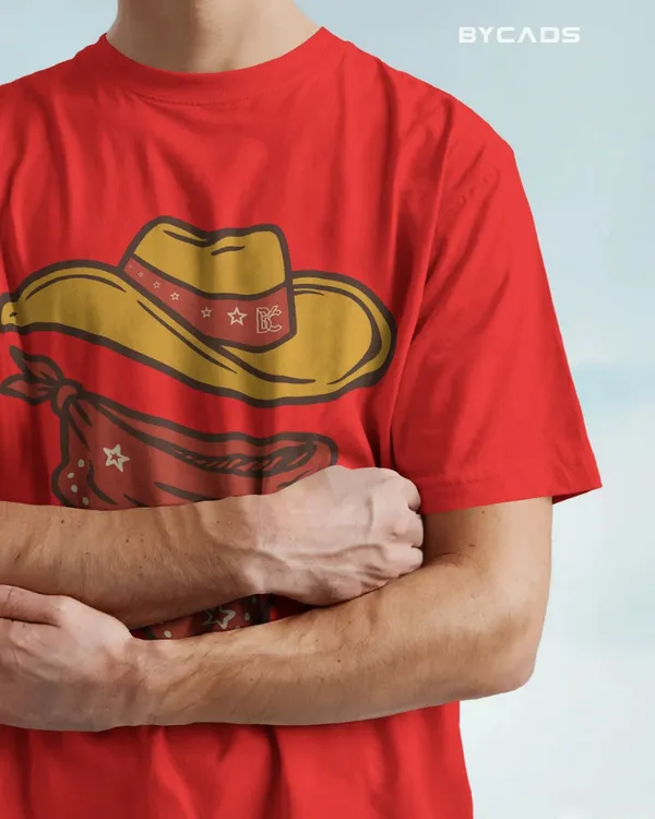 Red_Cotton_Minimal_Cowboy_Oversized_Unisex_T-Shirt_|_Western_Hat_And_Bandana