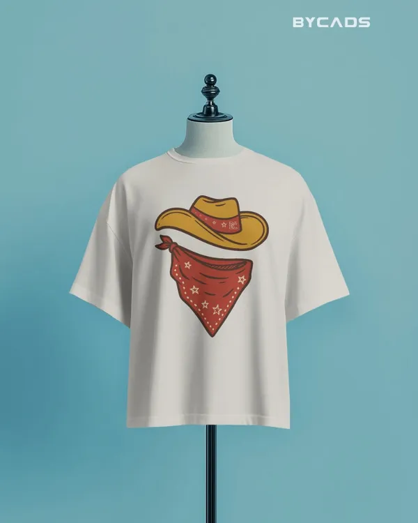 White_Cotton_Minimal_Cowboy_Oversized_Unisex_T-Shirt_|_Western_Hat_And_Bandana