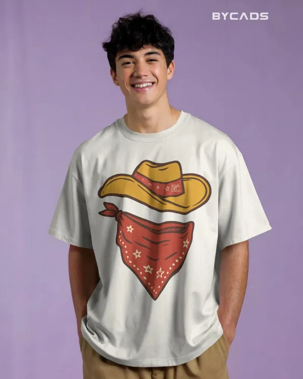 White_Cotton_Minimal_Cowboy_Oversized_Unisex_T-Shirt_|_Western_Hat_And_Bandana