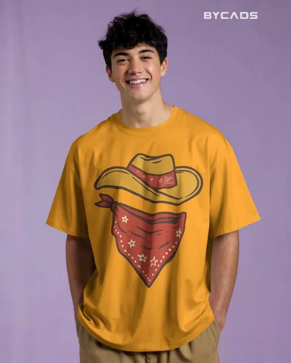 Yellow_Cotton_Minimal_Cowboy_Oversized_Unisex_T-Shirt_|_Western_Hat_And_Bandana