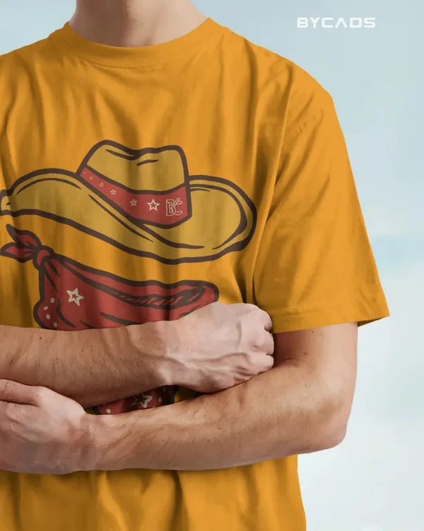 Yellow_Cotton_Minimal_Cowboy_Oversized_Unisex_T-Shirt_|_Western_Hat_And_Bandana