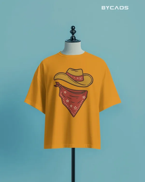 Yellow_Cotton_Minimal_Cowboy_Oversized_Unisex_T-Shirt_|_Western_Hat_And_Bandana