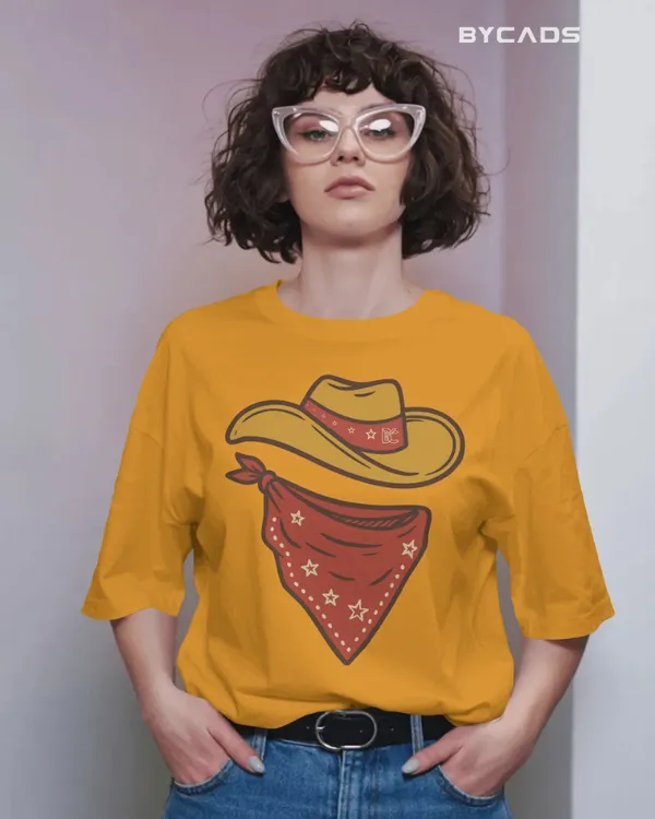 Yellow_Cotton_Minimal_Cowboy_Oversized_Unisex_T-Shirt_|_Western_Hat_And_Bandana