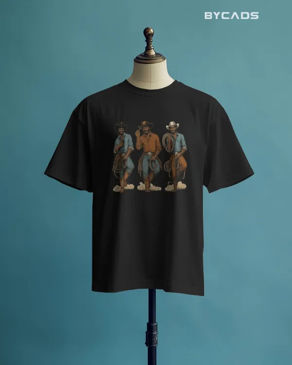 Black_Cotton_Rodeo_Trio_Cowboy_Oversized_Unisex_T-Shirt_|_Western_Lasso_Graphic