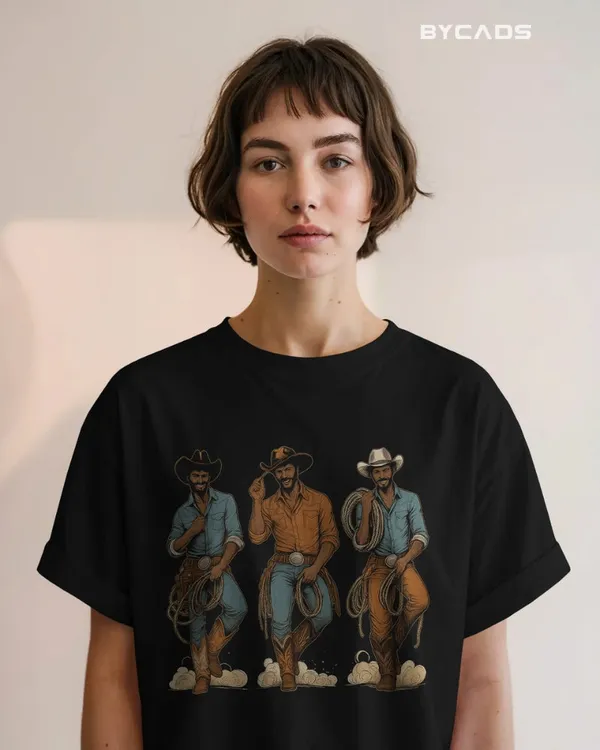 Black_Cotton_Rodeo_Trio_Cowboy_Oversized_Unisex_T-Shirt_|_Western_Lasso_Graphic