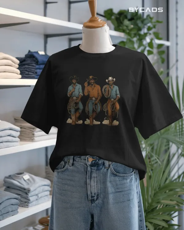 Black_Cotton_Rodeo_Trio_Cowboy_Oversized_Unisex_T-Shirt_|_Western_Lasso_Graphic