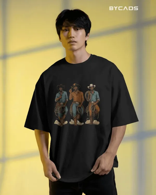Black_Cotton_Rodeo_Trio_Cowboy_Oversized_Unisex_T-Shirt_|_Western_Lasso_Graphic