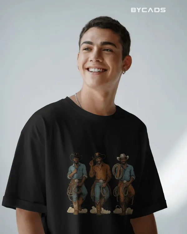 Black_Cotton_Rodeo_Trio_Cowboy_Oversized_Unisex_T-Shirt_|_Western_Lasso_Graphic