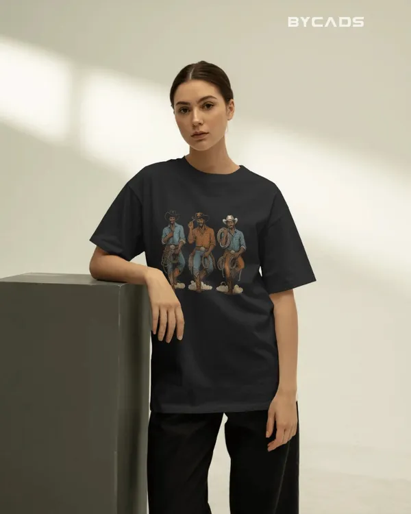 Black_Cotton_Rodeo_Trio_Cowboy_Oversized_Unisex_T-Shirt_|_Western_Lasso_Graphic