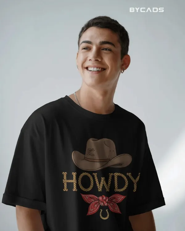 Black_Cotton_Howdy_Cowboy_Drop_Shoulder_Unisex_T-Shirt_|_Western_Street_Style