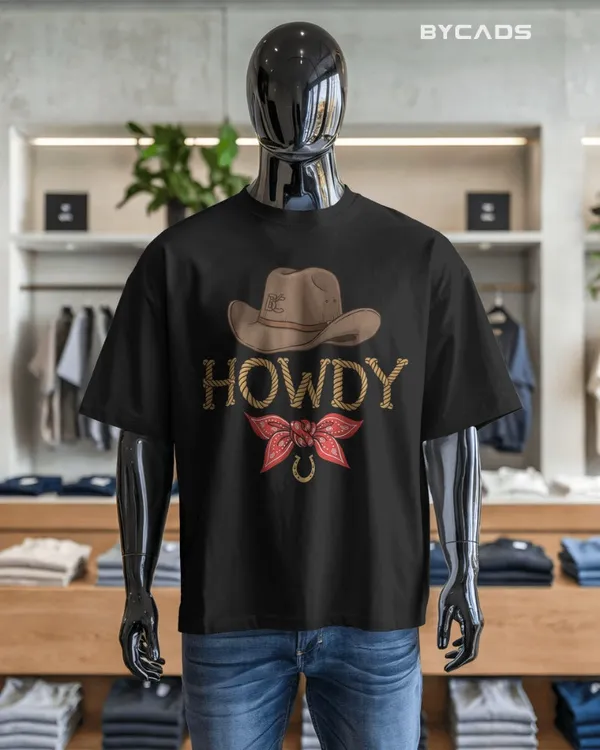 Black_Cotton_Howdy_Cowboy_Drop_Shoulder_Unisex_T-Shirt_|_Western_Street_Style