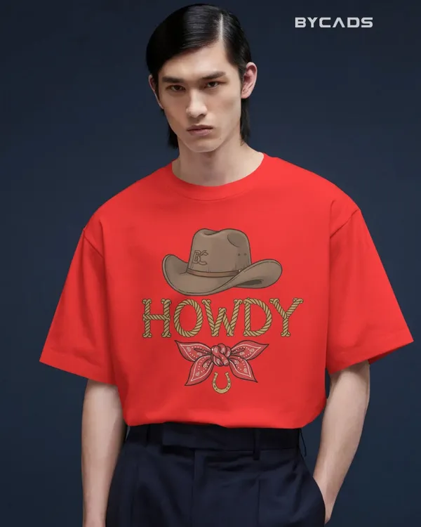 Red_Cotton_Howdy_Cowboy_Drop_Shoulder_Unisex_T-Shirt_|_Western_Street_Style