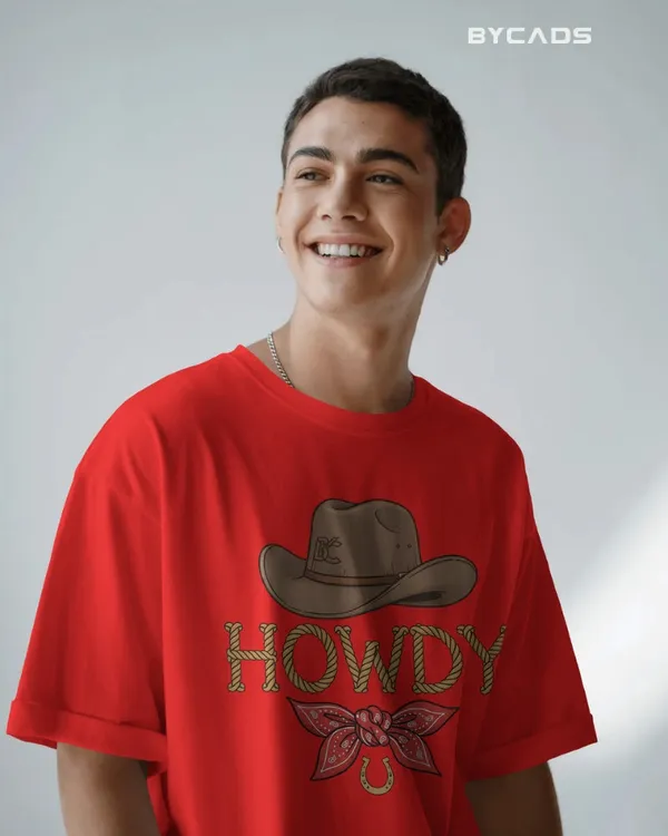 Red_Cotton_Howdy_Cowboy_Drop_Shoulder_Unisex_T-Shirt_|_Western_Street_Style
