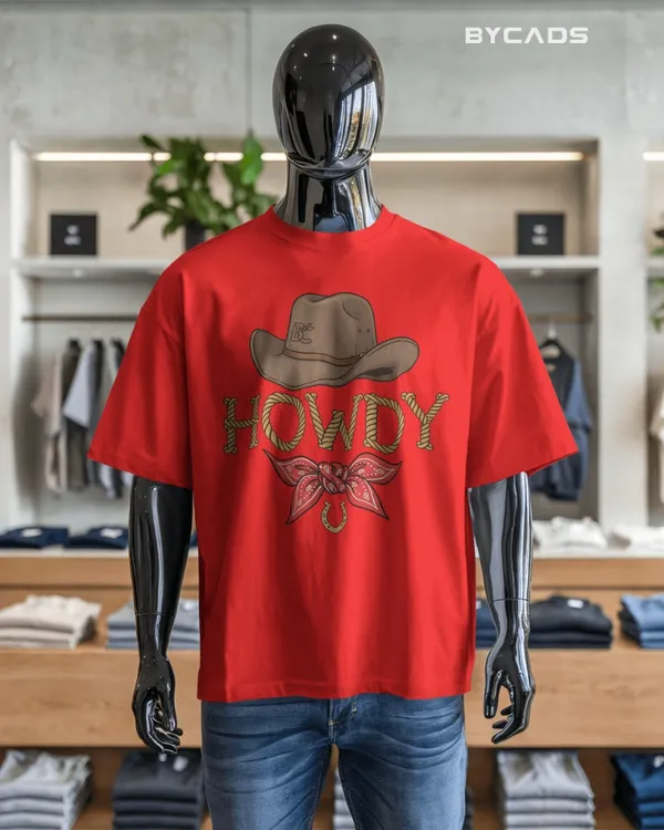 Red_Cotton_Howdy_Cowboy_Drop_Shoulder_Unisex_T-Shirt_|_Western_Street_Style
