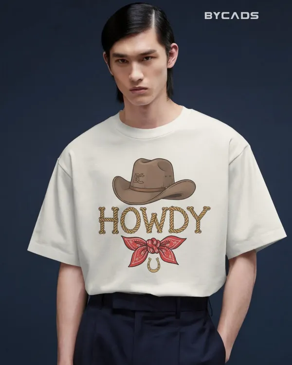 White_Cotton_Howdy_Cowboy_Drop_Shoulder_Unisex_T-Shirt_|_Western_Street_Style