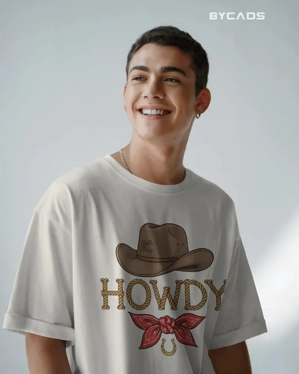 White_Cotton_Howdy_Cowboy_Drop_Shoulder_Unisex_T-Shirt_|_Western_Street_Style
