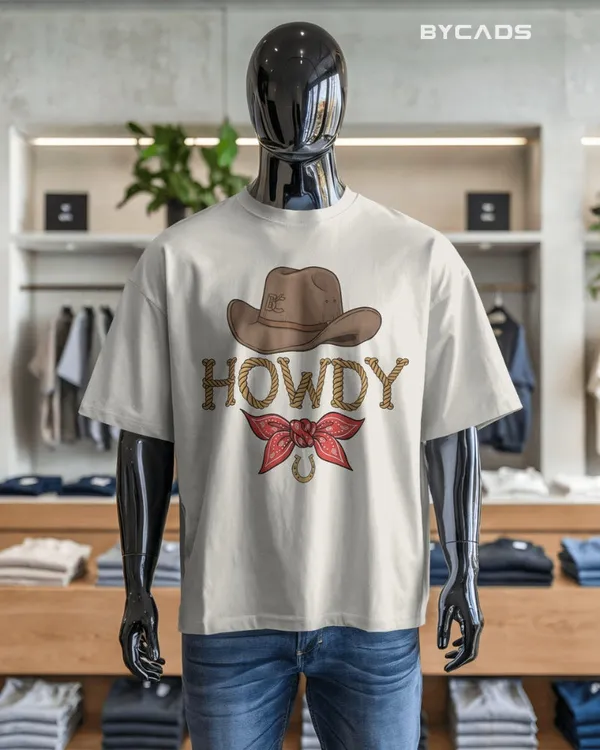 White_Cotton_Howdy_Cowboy_Drop_Shoulder_Unisex_T-Shirt_|_Western_Street_Style