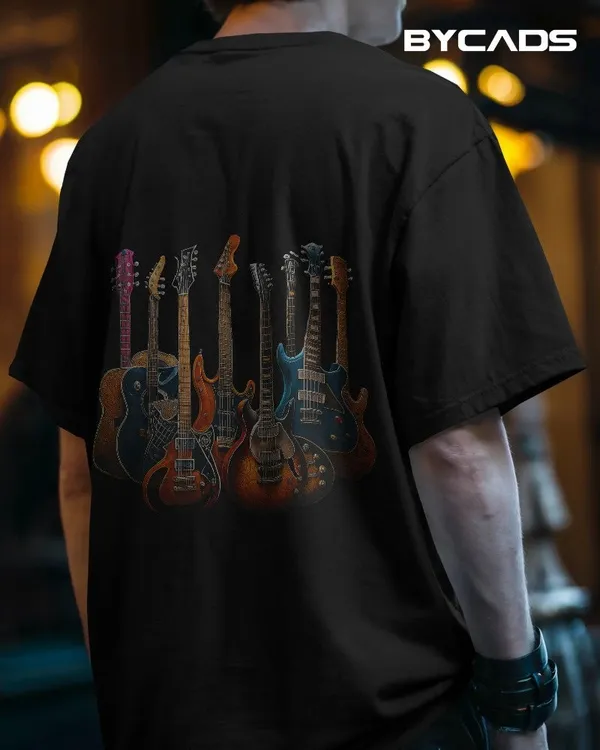 Black_Cotton_Legends_Of_The_Strings_Tee_|_Retro_Guitar_Graphic