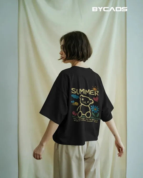 Black_Cotton_Summer_Bear_Hand-Drawn_Graphic_Unisex_Tee