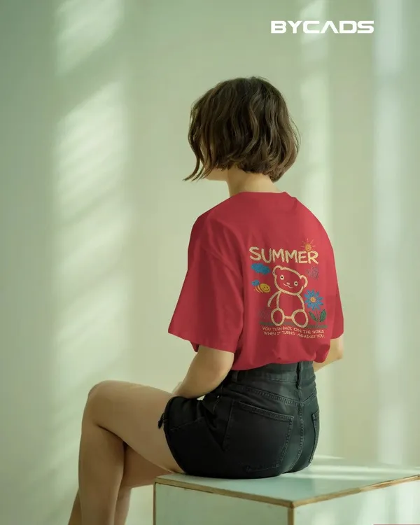Red_Cotton_Summer_Bear_Hand-Drawn_Graphic_Unisex_Tee