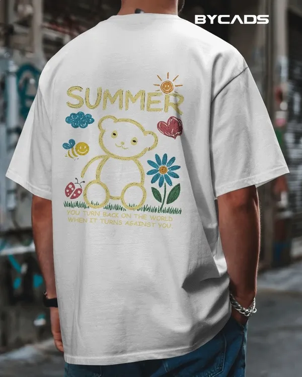 White_Cotton_Summer_Bear_Hand-Drawn_Graphic_Unisex_Tee