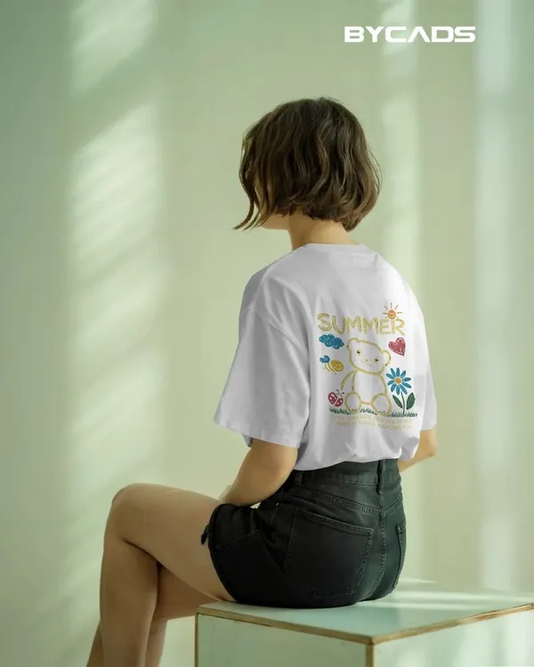 White_Cotton_Summer_Bear_Hand-Drawn_Graphic_Unisex_Tee