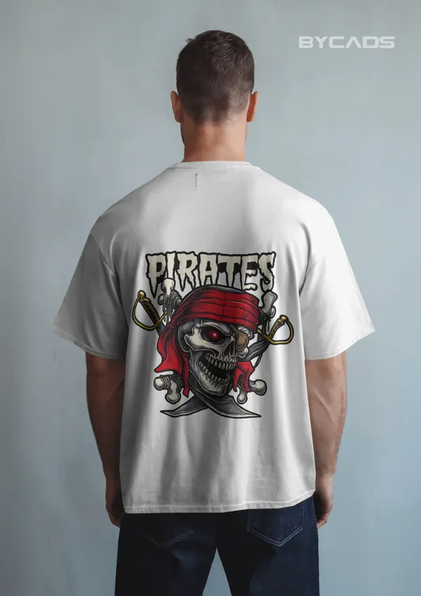 White_Cotton_Pirate_Skull_Oversized_Unisex_T-Shirt_|_Red_Bandana_&_Swords_Graphic