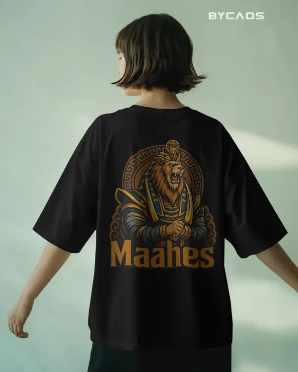 Black_Cotton_Maahes_Oversized_Unisex_T-Shirt_|_Egyptian_Warrior_Streetwear