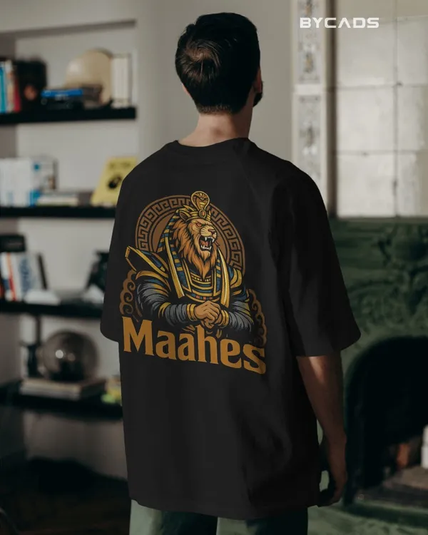 Black_Cotton_Maahes_Oversized_Unisex_T-Shirt_|_Egyptian_Warrior_Streetwear