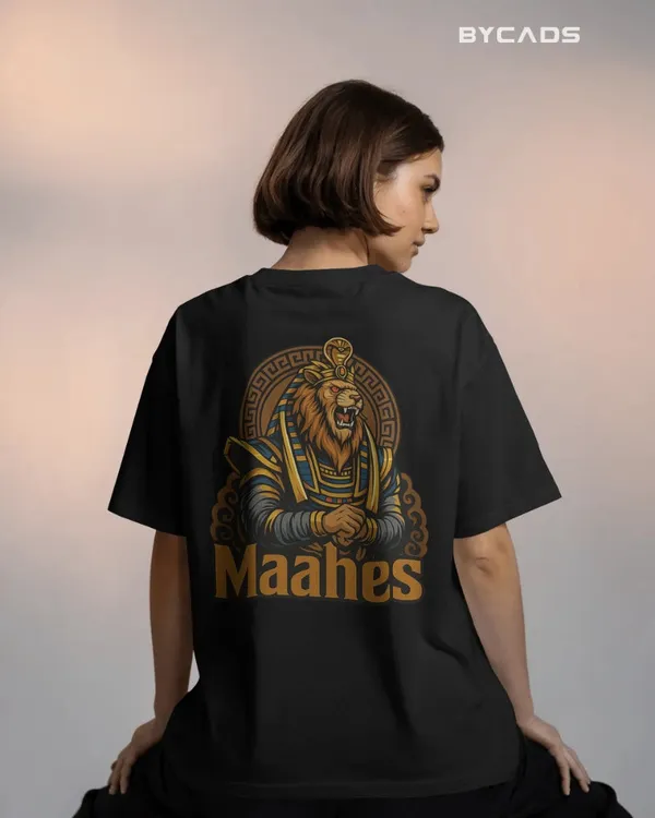 Black_Cotton_Maahes_Oversized_Unisex_T-Shirt_|_Egyptian_Warrior_Streetwear