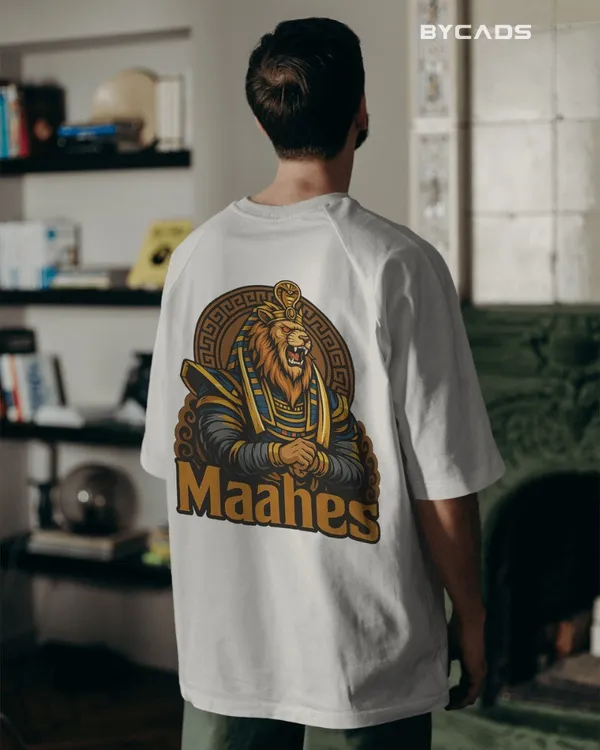 White_Cotton_Maahes_Oversized_Unisex_T-Shirt_|_Egyptian_Warrior_Streetwear