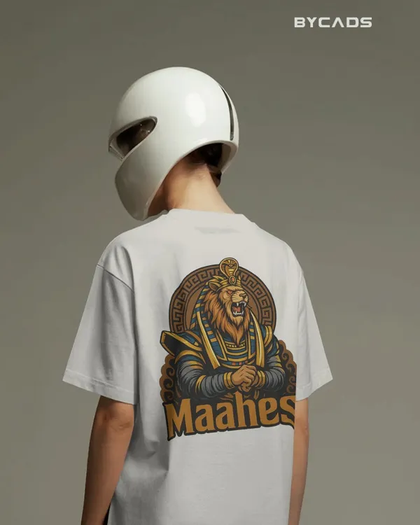 White_Cotton_Maahes_Oversized_Unisex_T-Shirt_|_Egyptian_Warrior_Streetwear