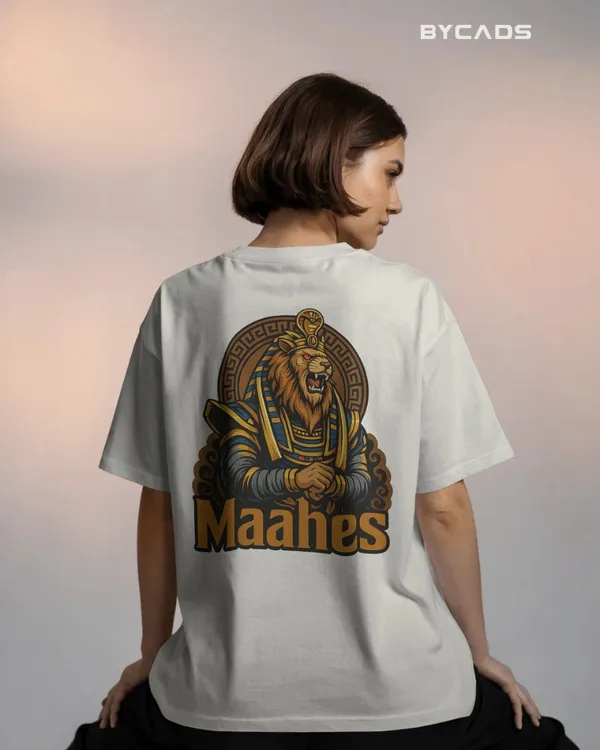 White_Cotton_Maahes_Oversized_Unisex_T-Shirt_|_Egyptian_Warrior_Streetwear