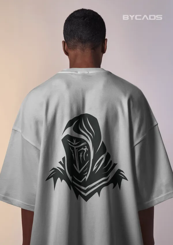 White_Cotton_Dark_Hooded_Knight_Oversized_Unisex_T-Shirt_|_Mysterious_Shadow_Armor_Design