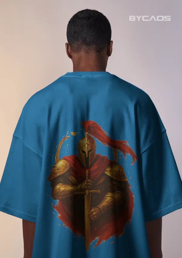Blue_Cotton_Golden_Knight_Oversized_Unisex_T-Shirt_|_Medieval_Warrior_Sword_Graphic