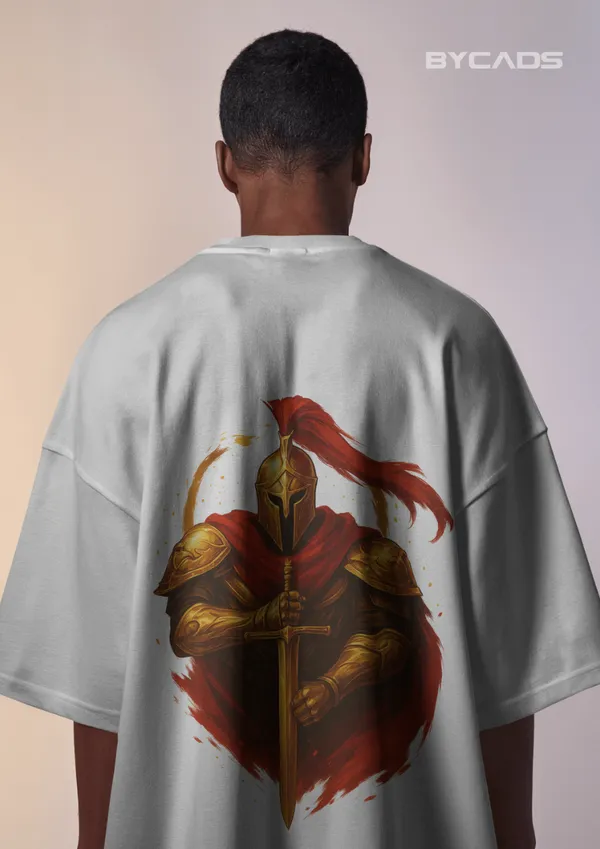 White_Cotton_Golden_Knight_Oversized_Unisex_T-Shirt_|_Medieval_Warrior_Sword_Graphic