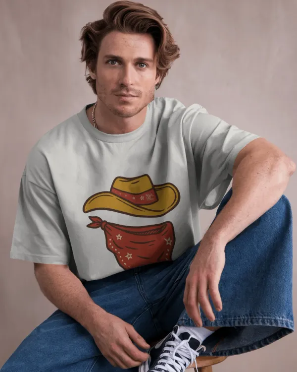 White_Cotton_Minimal_Cowboy_Oversized_Unisex_T-Shirt_|_Western_Hat_And_Bandana
