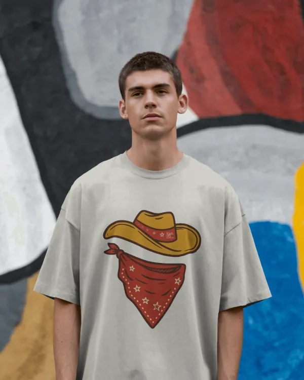 White_Cotton_Minimal_Cowboy_Oversized_Unisex_T-Shirt_|_Western_Hat_And_Bandana
