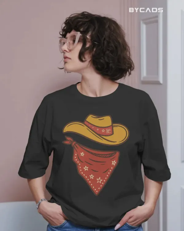 Black_Cotton_Minimal_Cowboy_Oversized_Unisex_T-Shirt_|_Western_Hat_And_Bandana