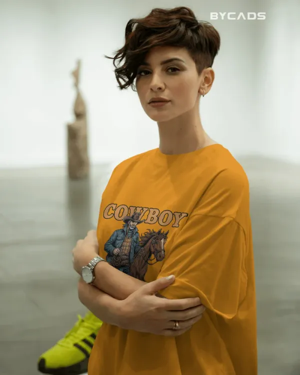 Yellow_Cotton_Cowboy_With_Horse_Oversized_Unisex_T-Shirt_|_Western_Partner_Graphic