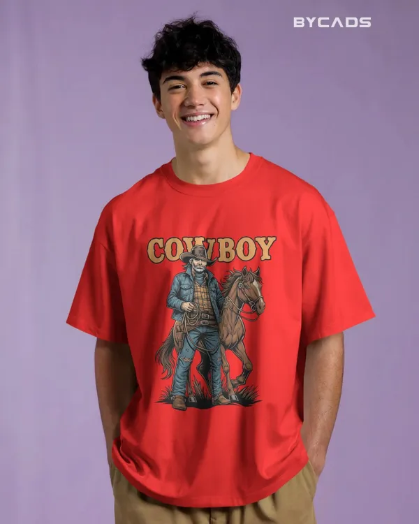 Red_Cotton_Cowboy_With_Horse_Oversized_Unisex_T-Shirt_|_Western_Partner_Graphic