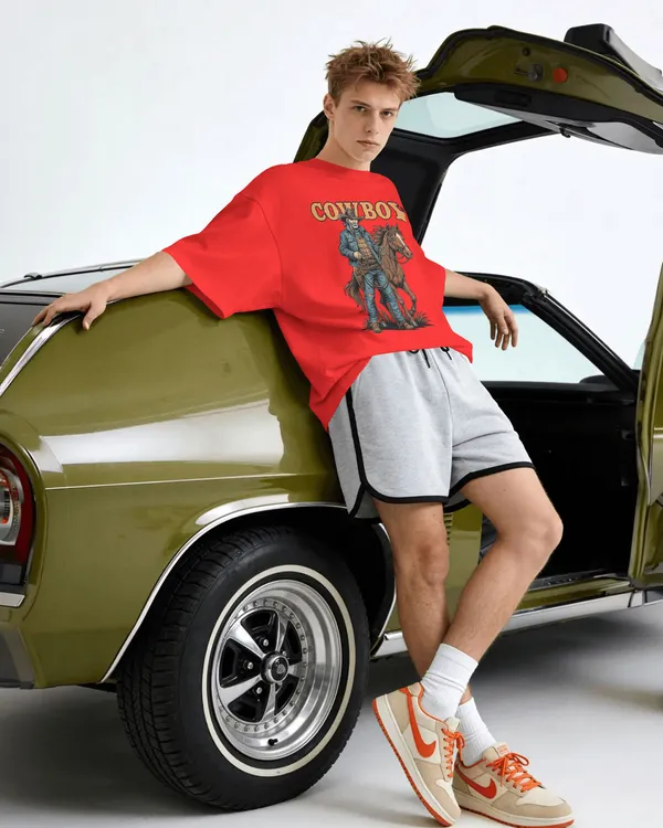 Red_Cotton_Cowboy_With_Horse_Oversized_Unisex_T-Shirt_|_Western_Partner_Graphic